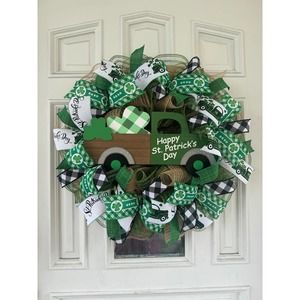 Saint Patrick’s Day Truck Farmhouse Mesh & Ribbon Wreath Door Hanger